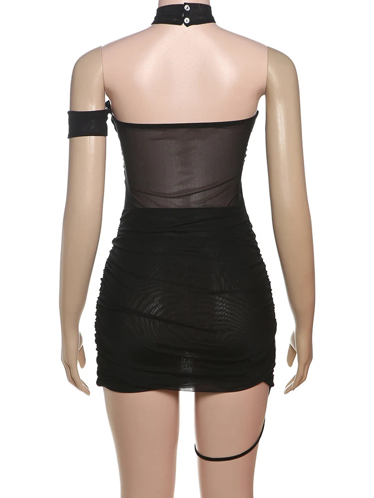 Damen Mesh Cut-Out Bodycon Minikleid