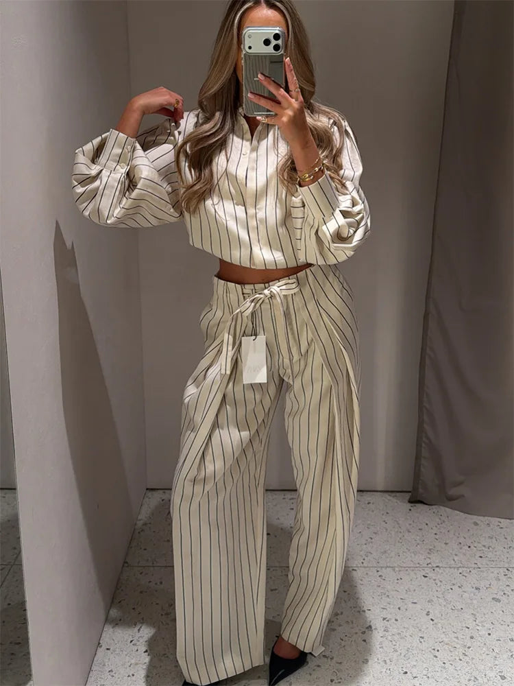 Beige Streifen-Set Puffärmel-Hemd & Hose - JWANOFFIZIELL