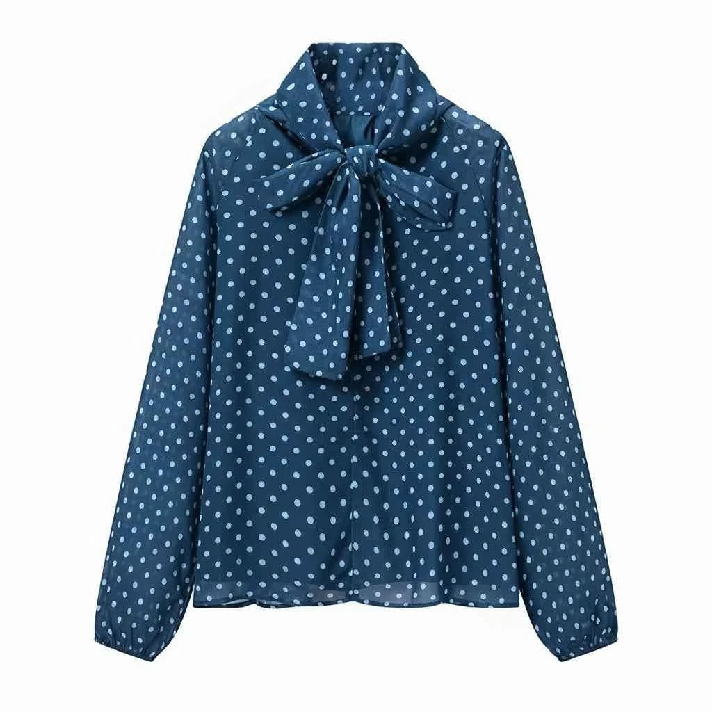 Polka-Dot-Bluse Schleife in Blau - JWANOFFIZIELL