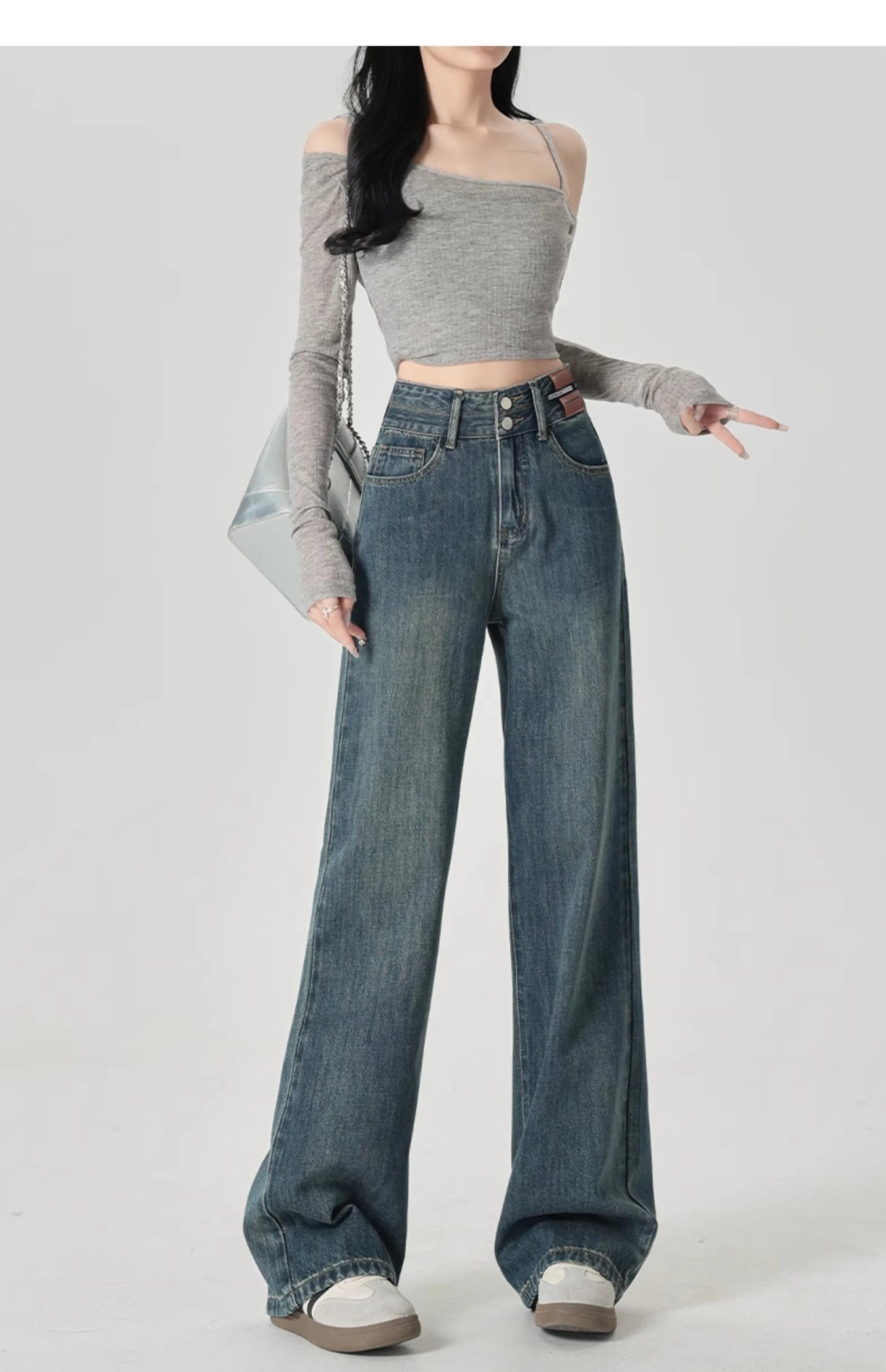 Wide-Leg-Jeans Damen – High-Waist Straight Leg Casual Kontrastfarben