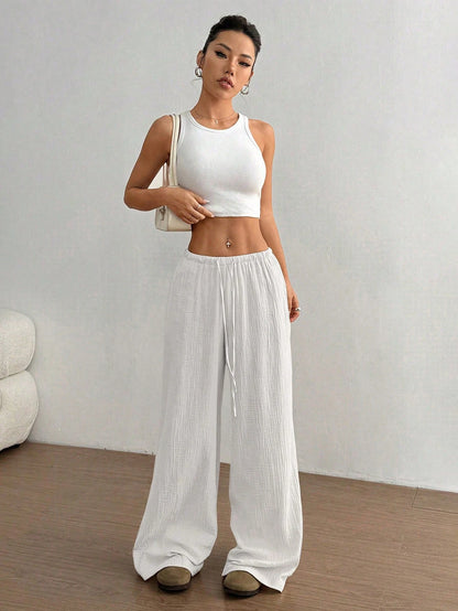 Lässige Straight-Leg Hose Damen – Kordelzug Elastischer Bund Streetwear