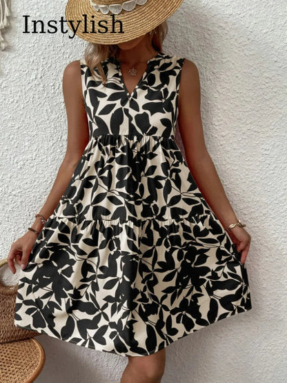 Damen Boho-Kleid mit Print, ärmellos, V-Ausschnitt