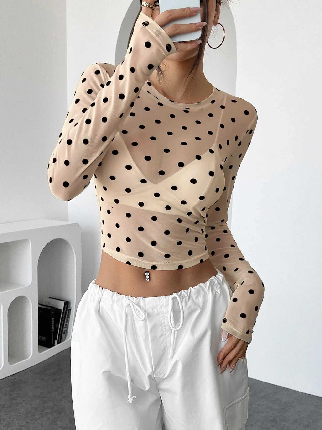 Polka-Dot-Mesh-Top Damen – Y2K Langarm Transparent See-Through Clubwear