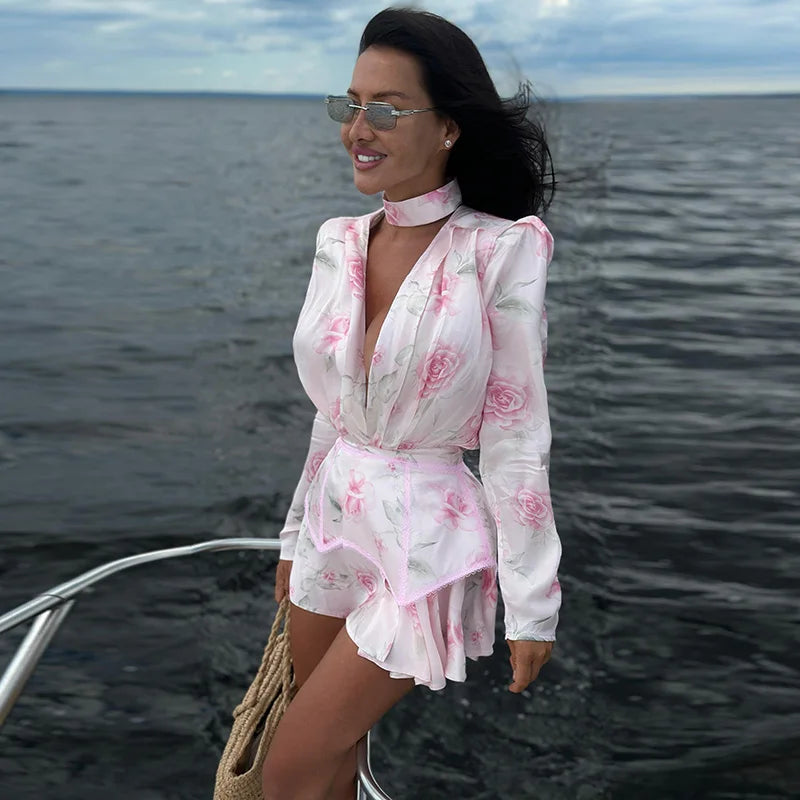 Rosen-Print Satin-Playsuit mit Rüschen - JWANOFFIZIELL