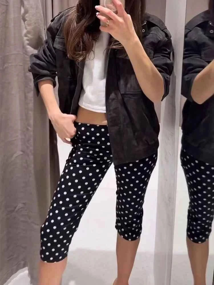 TFMLN New Women Polka Dot Calf Length Pants Vintage Slimming Cropped Trousers Casual Summer Streetwear 2026 Fashion Lady