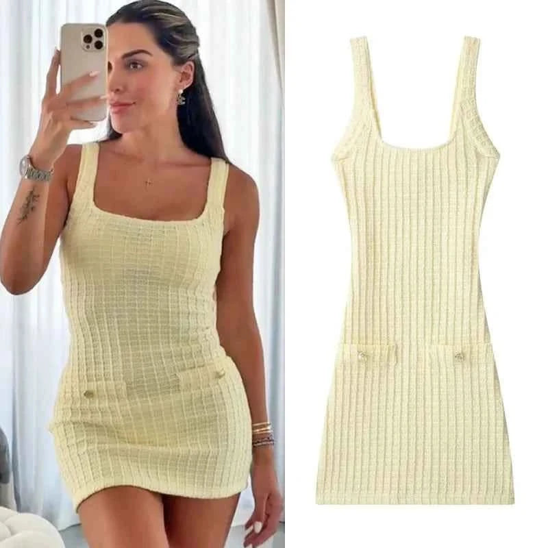 HXAO Slip Yellow Mini Dress Women Sleeveless Knitted Dresses 2025 Woman Summer Bodycon Short Dress Backless Sexy Elegant Dresses