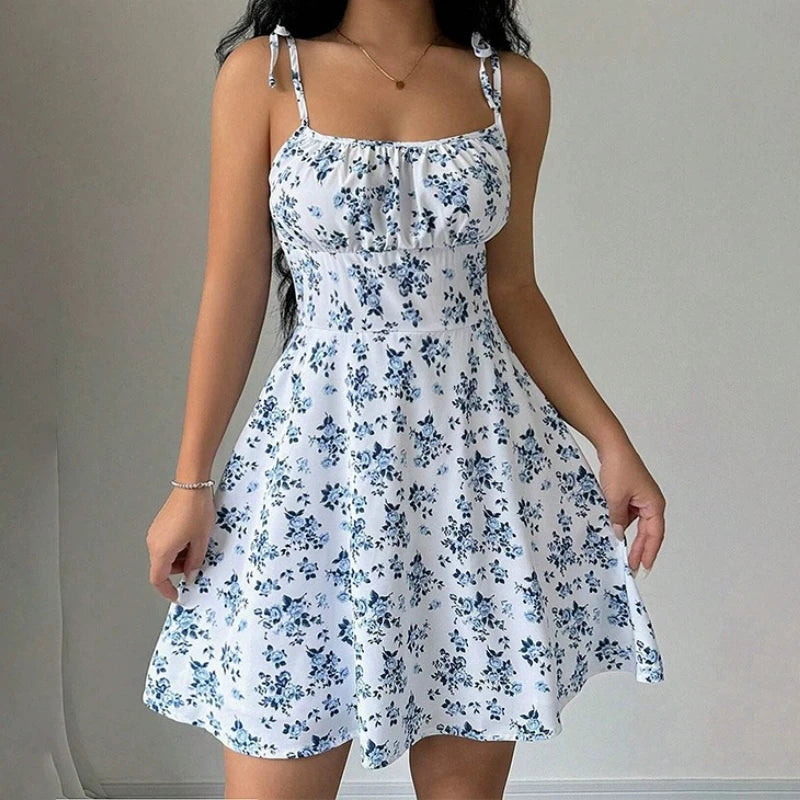Blumen Strandkleid Damen – Kurzes Sommerkleid mit Spaghettiträgern