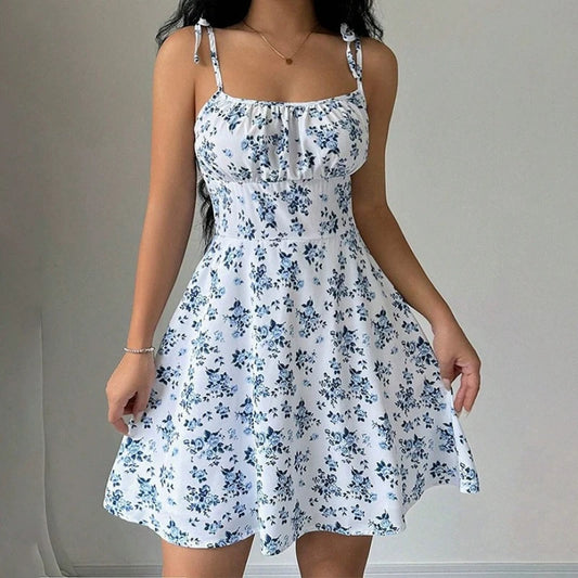 Blumen Strandkleid Damen – Kurzes Sommerkleid mit Spaghettiträgern