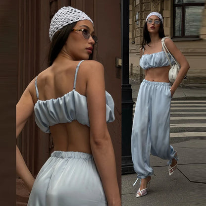 Satin-Zweiteiler Damen – Plissiertes Crop-Top & Weite Hose Elegant Party