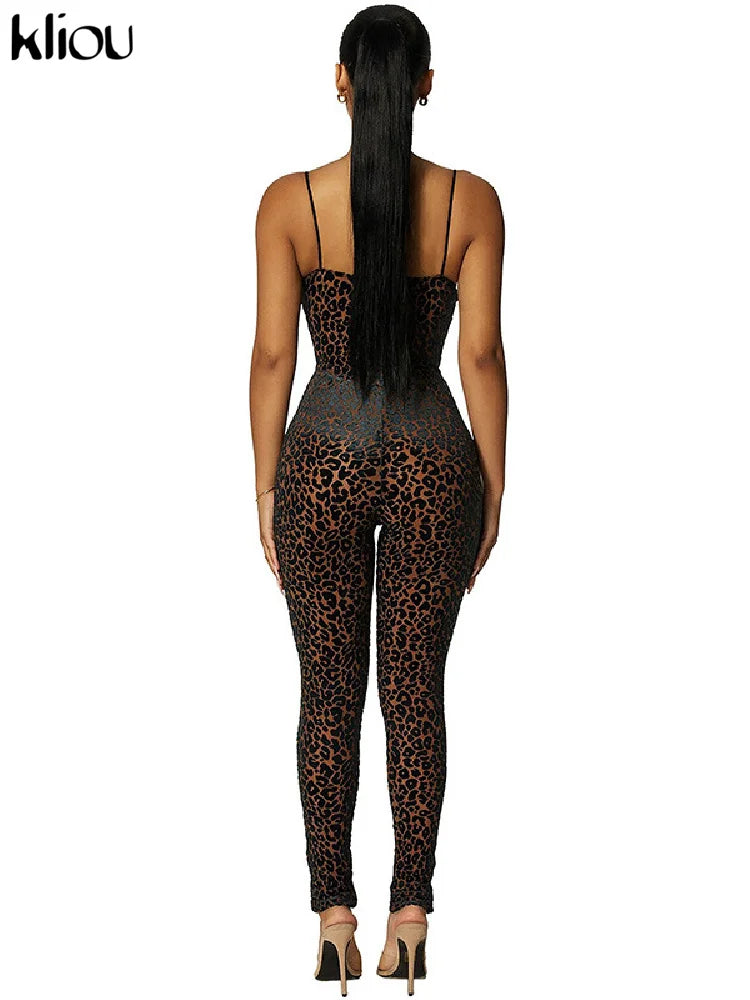 Damen Samt Mesh Jumpsuit Leopard Patchwork Bodycon Club