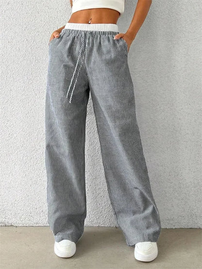 Gestreifte Wide-Leg Hose Damen – Y2K Casual Streetwear Herbst/Winter