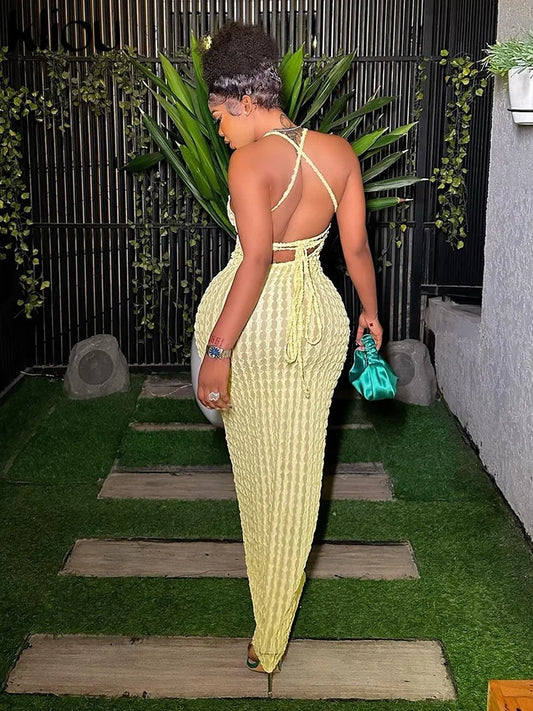 Gerafftes Maxi-Kleid Damen – Spaghetti-Träger Bandage Rückenfrei Bodycon