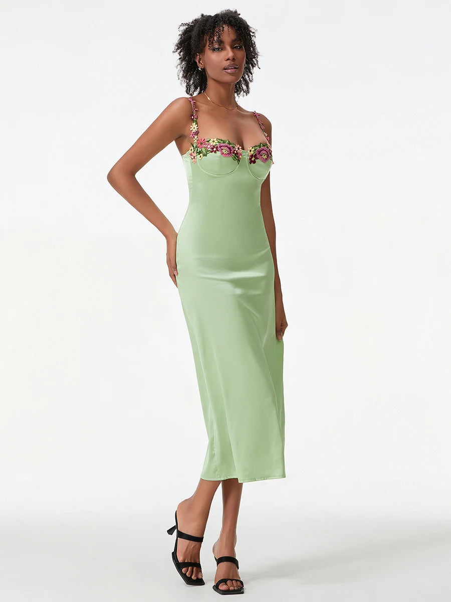Damen Satin Bodycon Kleid mit Blumenstickerei