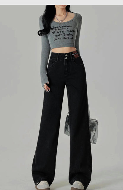 Wide-Leg-Jeans Damen – High-Waist Straight Leg Casual Kontrastfarben