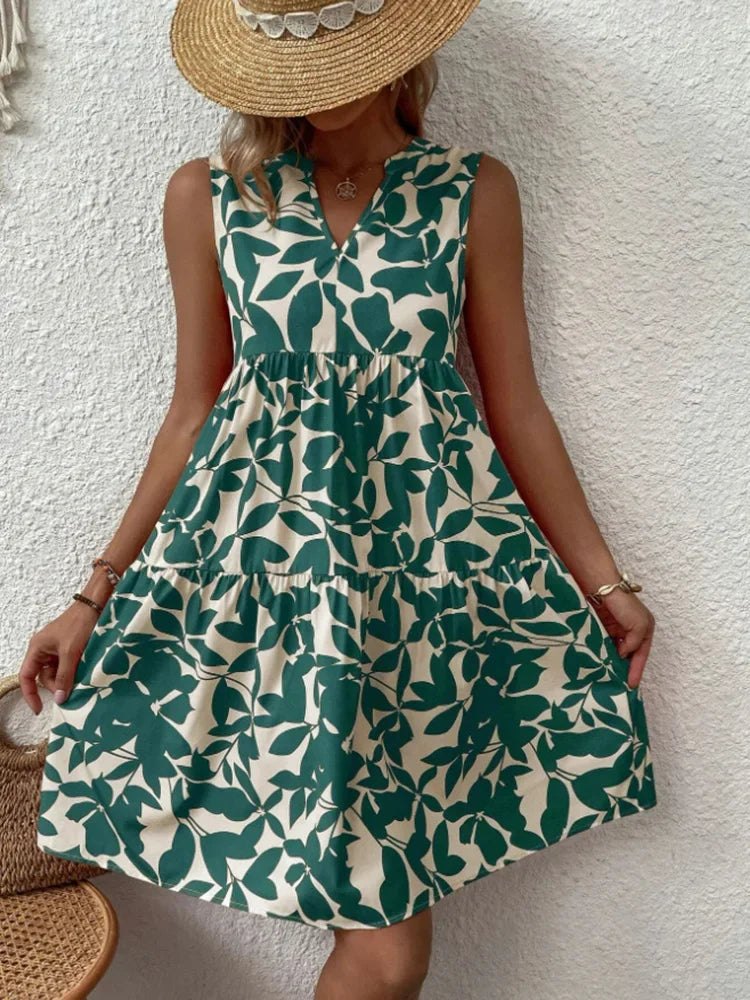 Damen Boho-Kleid mit Print, ärmellos, V-Ausschnitt