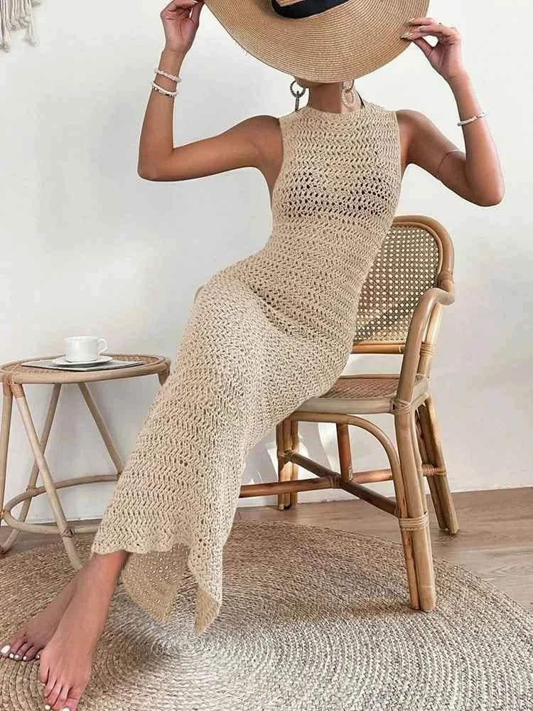 Hollow-Out Strick Kleid in Beige - JWANOFFIZIELL