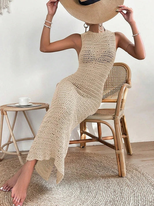 Women's Hollow-Out Knitted Dress Sleeveless Fitted