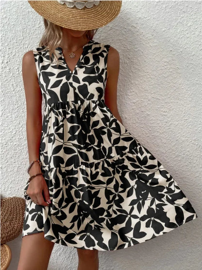 Damen Boho-Kleid mit Print, ärmellos, V-Ausschnitt