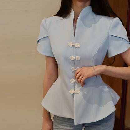 China-Style Kurzarm-Blazer Damen – Stehkragen mit Froschknöpfen