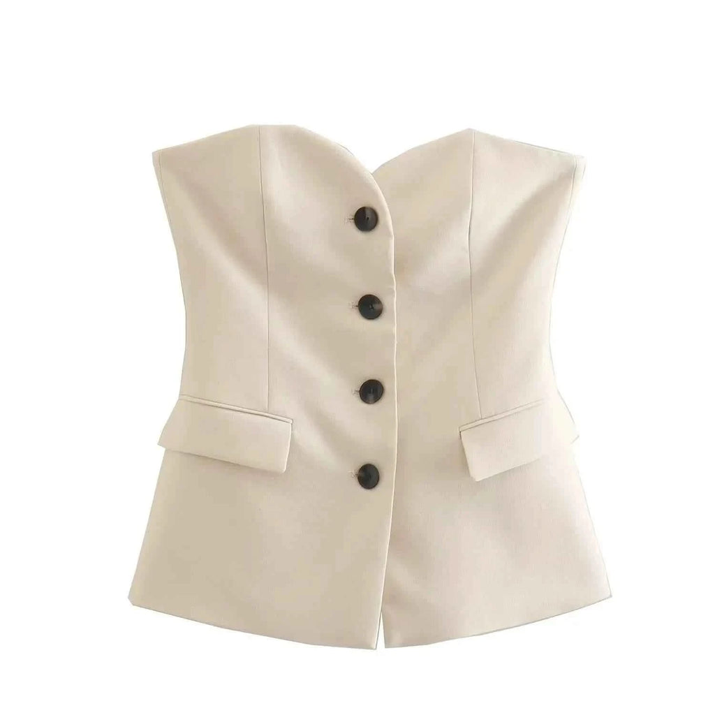 HH Women Elegant Solid Pant Suit Front Button Strapless Sexy Tank Tops + Side Slit Trouser Female Fashion Streetwear Sets