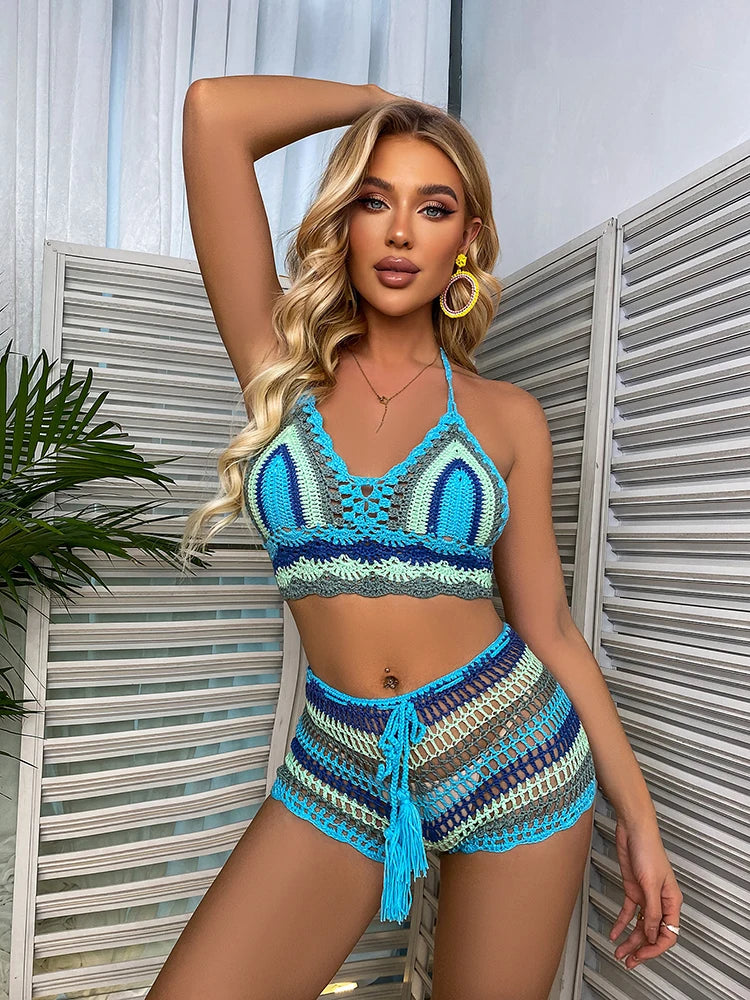 Gehäkeltes Bikini-Set Damen – Off-Shoulder Regenbogen-Streifen Bademode Strand
