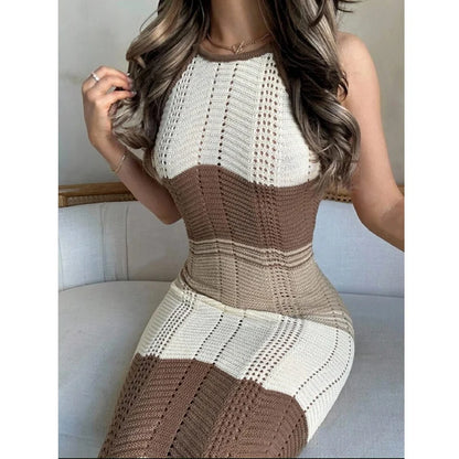 Gestricktes Strandkleid Damen Einfarbig – Halter Rückenfrei Bodycon Sommer