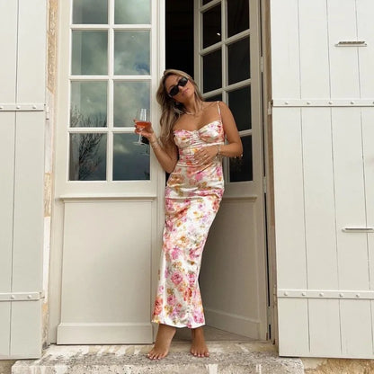 Damen Blumen Spaghetti-Träger Mini-Kleid mit Schlitz