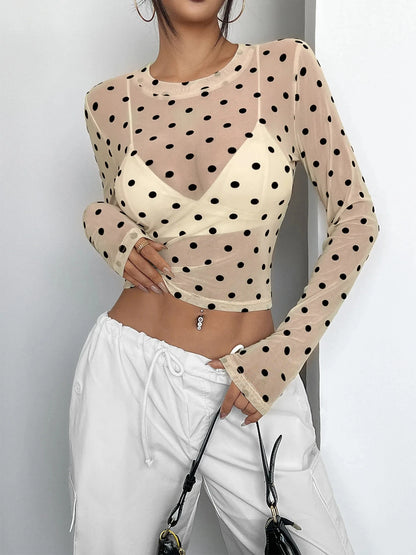 Polka-Dot-Mesh-Top Damen – Y2K Langarm Transparent See-Through Clubwear
