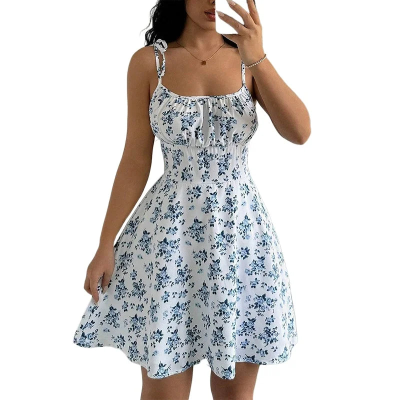 Blumen Strandkleid Damen – Kurzes Sommerkleid mit Spaghettiträgern