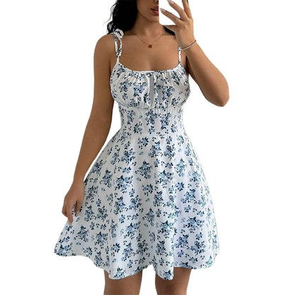 Blumen Strandkleid Damen – Kurzes Sommerkleid mit Spaghettiträgern