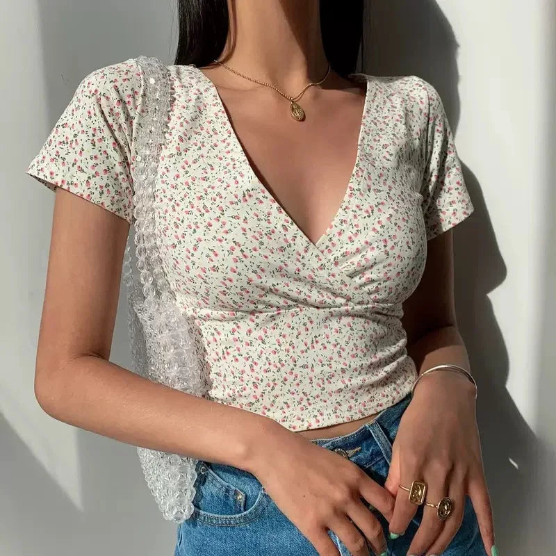 Blumen-Print-T-Shirt Damen – V-Ausschnitt Kurzarm Slim Fit Retro Sommer