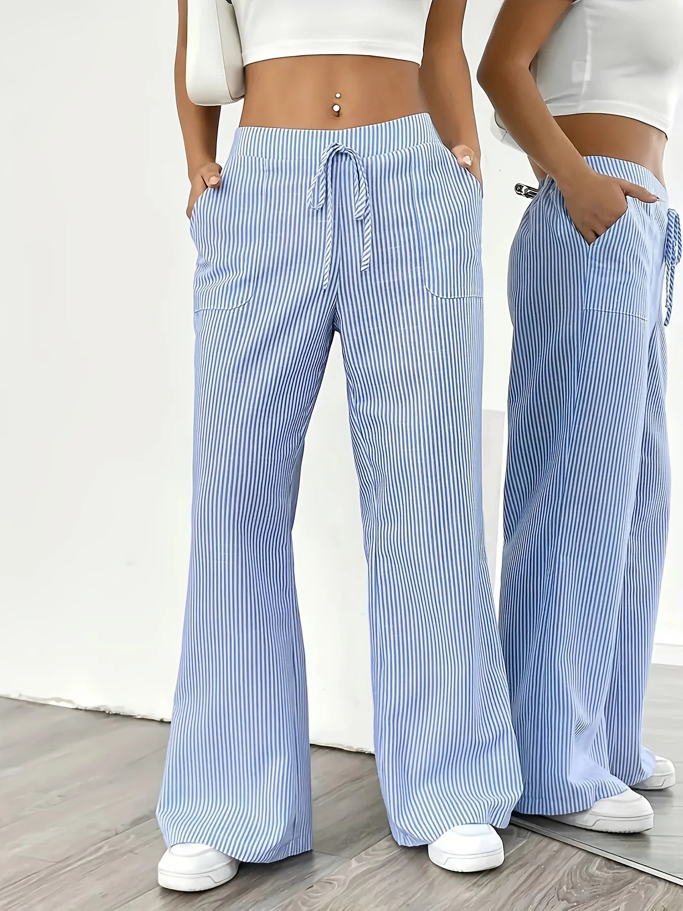 Gestreifte Casualhose Damen Blau – Taschen Sportlich Entspannt Alltag