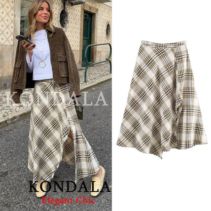Asymmetrischer Karo Midi-Rock mit Schlitz – Trendiger Streetwear-Look