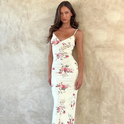 Damen Trägerkleid V-Ausschnitt Bedruckt Rückenfrei Sommerkleid