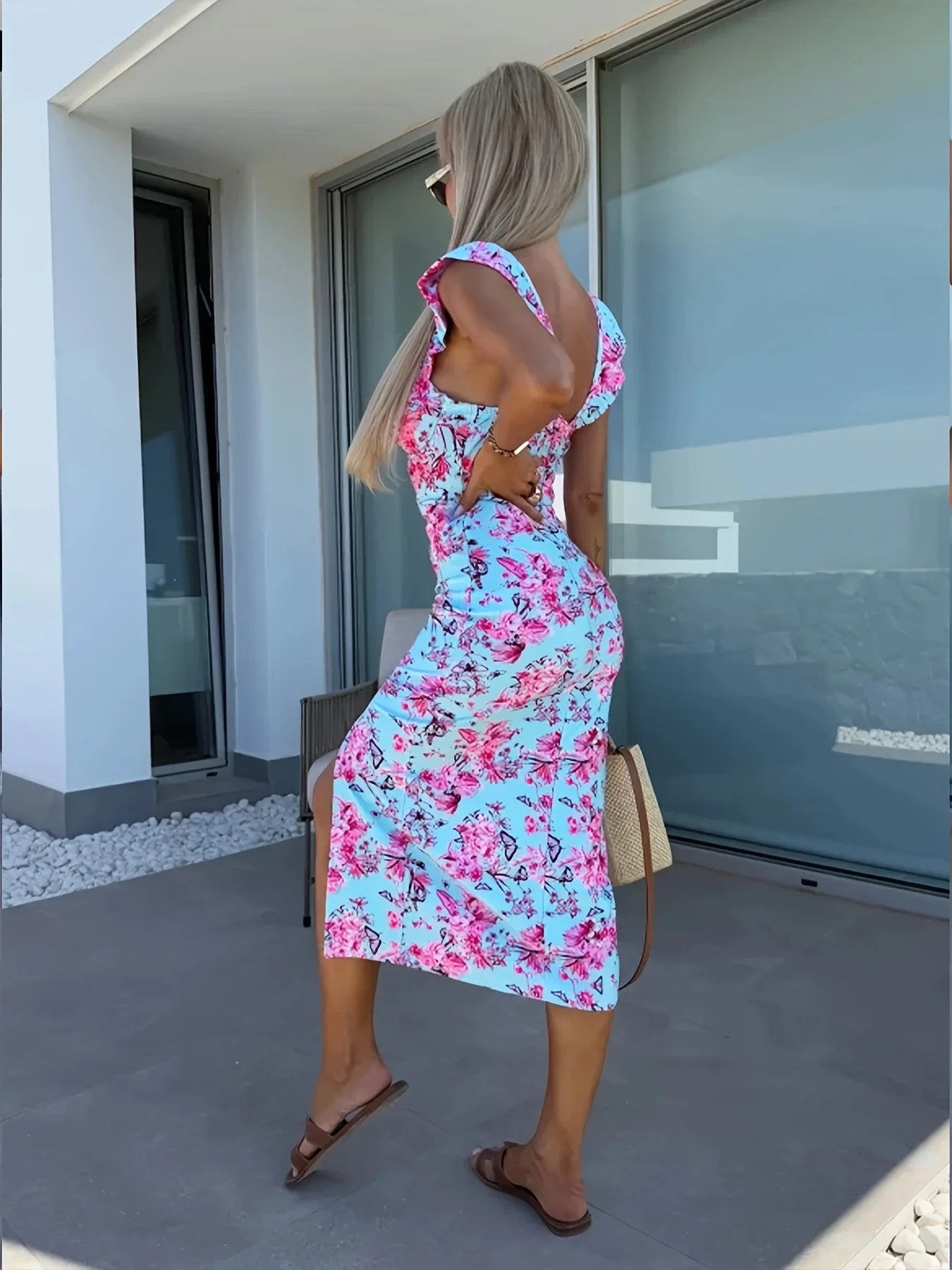 Blumen-Rüschen-Midikleid Damen – Eckiger Ausschnitt Seitenschlitz Boho Sommer