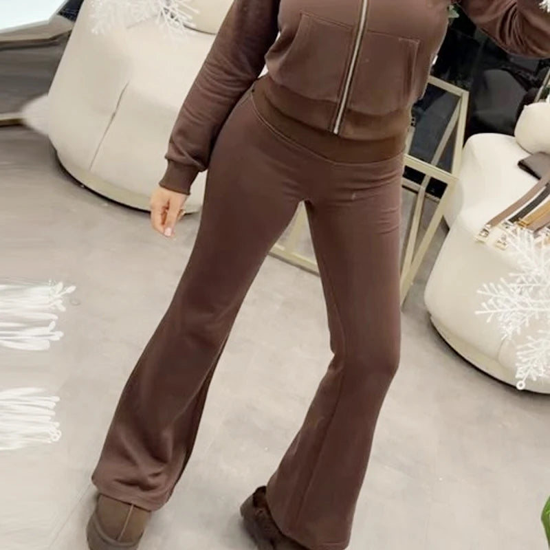 Trendige Fleece Flared-Hose mit Hohem Bund – Weiche Ausgestellte Freizeithose