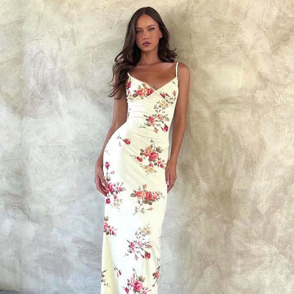 Damen Trägerkleid V-Ausschnitt Bedruckt Rückenfrei Sommerkleid