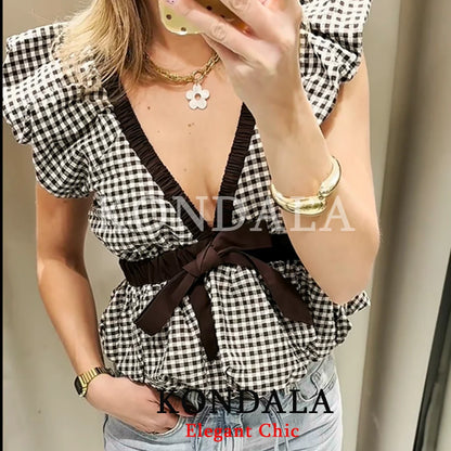 Elegantes Kariertes Schleifenbluse – Vintage Ballonärmel Top