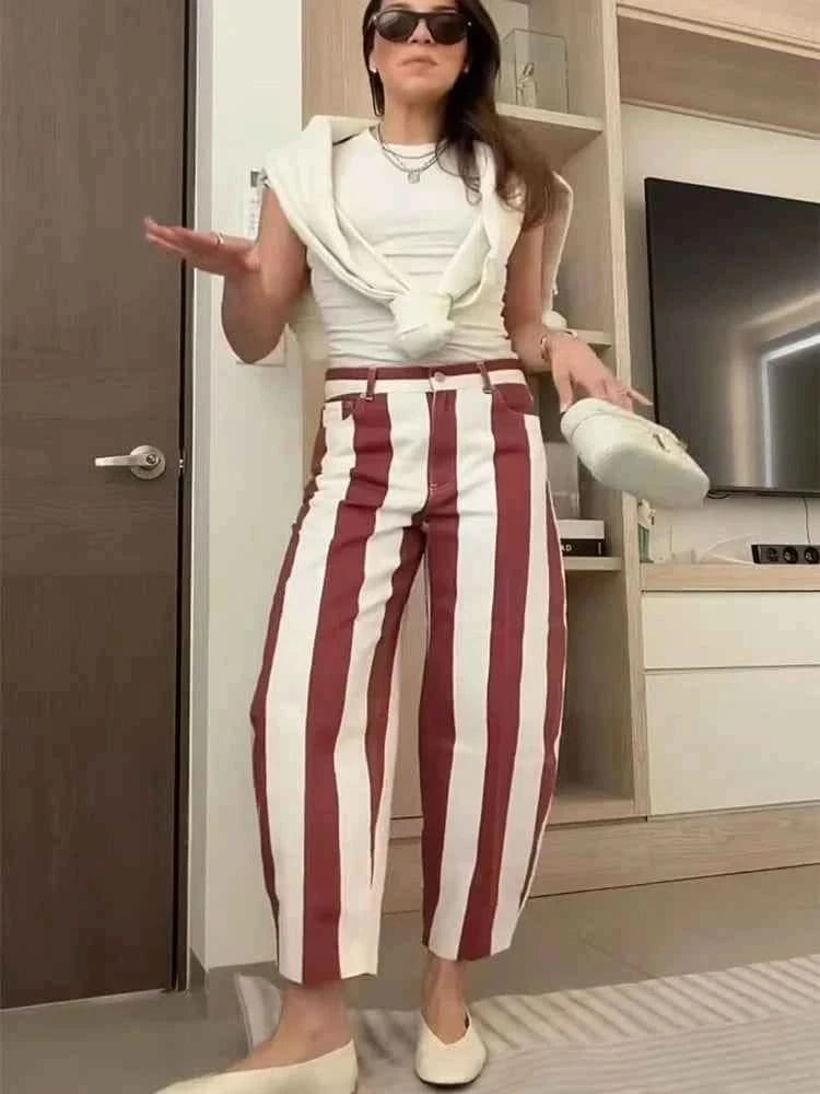 TFMLN Woman Striped Curved Knife Jeans High Waist Contrast Color Loose Casual Zipper Long Pants Street Chic New Trousers