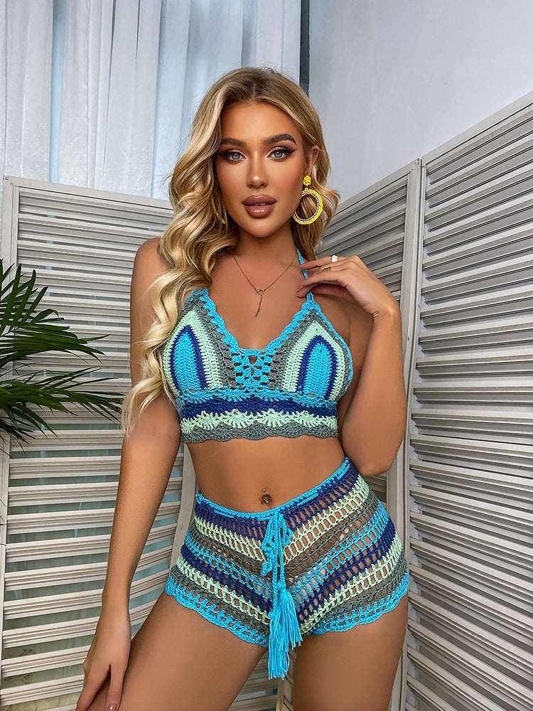 Gehäkeltes Bikini-Set Damen – Off-Shoulder Regenbogen-Streifen Bademode Strand