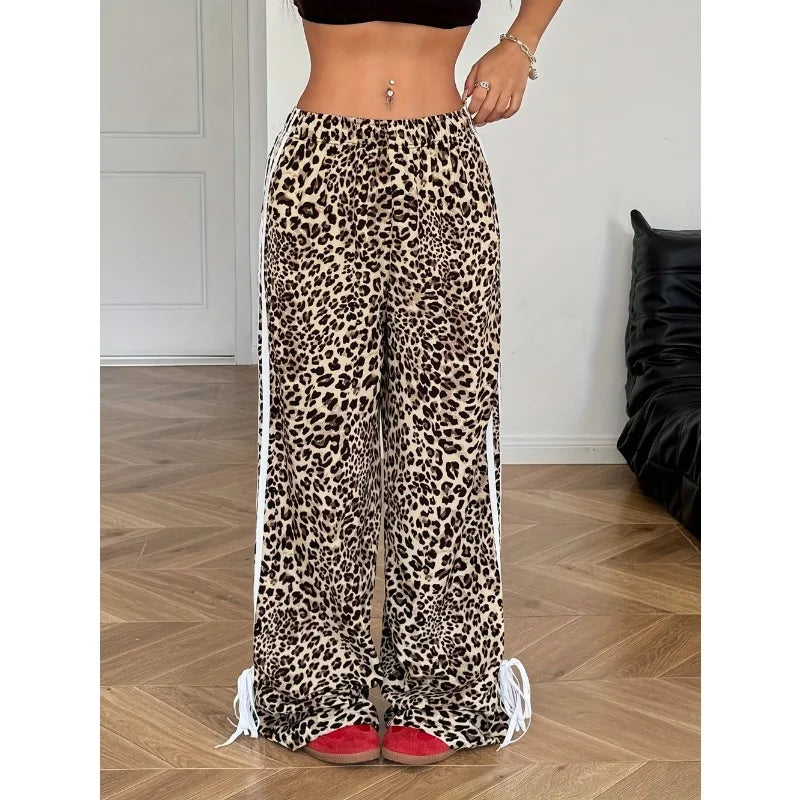 Leopardenmuster-Hose Damen – Y2K Straight Leg Stretch Casual Streetwear