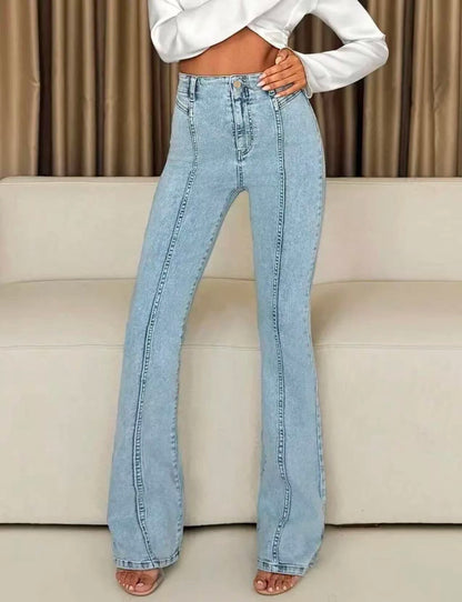 High-Waist-Schlagjeans Damen Hellblau – Vintage Flared Leg Casual Denim