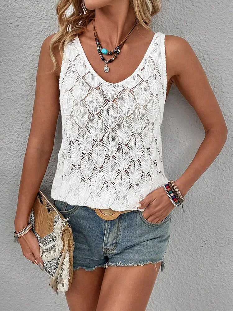 Women's Elegant Knitted Vest with Feather Pattern Hollow-Out