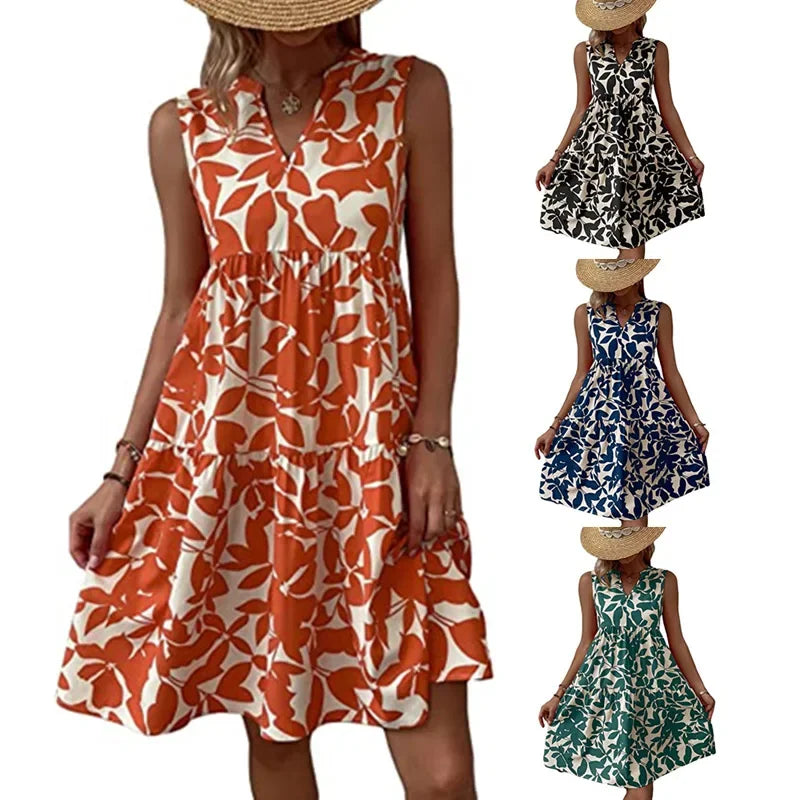 Damen Boho-Kleid mit Print, ärmellos, V-Ausschnitt
