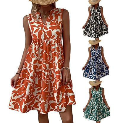 Damen Boho-Kleid mit Print, ärmellos, V-Ausschnitt