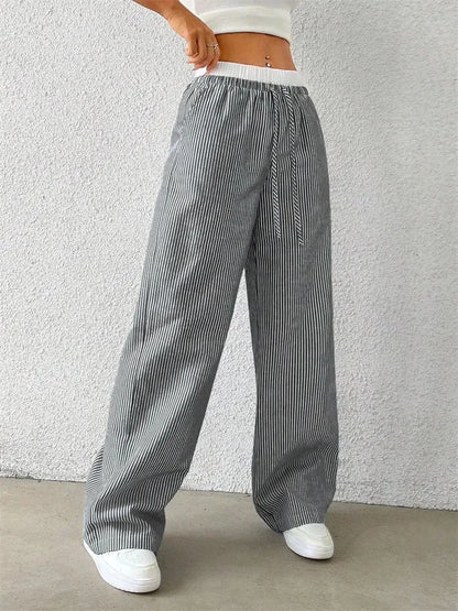 Gestreifte Wide-Leg Hose Damen – Y2K Casual Streetwear Herbst/Winter