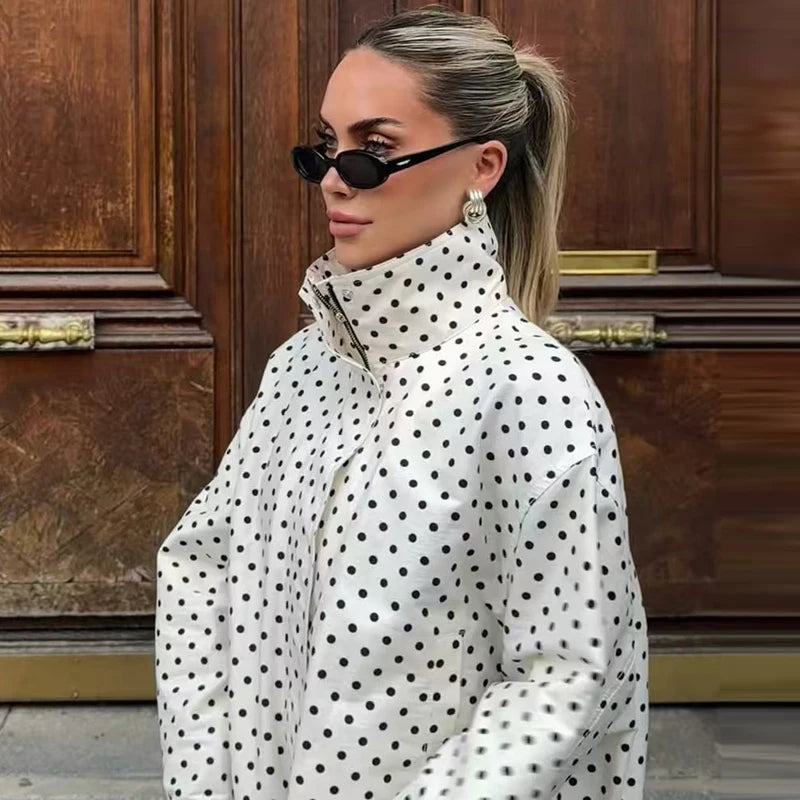 Damen Oversized Polka Dot Bomber Jacke Crop Zip-Up