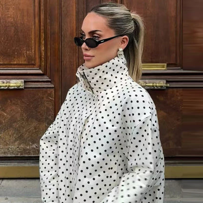 Damen Oversized Polka Dot Bomber Jacke Crop Zip-Up