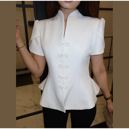 China-Style Kurzarm-Blazer Damen – Stehkragen mit Froschknöpfen
