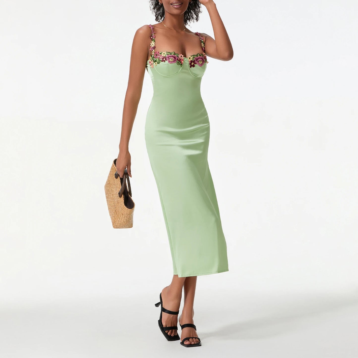 Damen Satin Bodycon Kleid mit Blumenstickerei